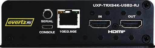 EvertzAV UXP-TRXS4K-USB2-RJ Standalone 4K60 AV Gateway with USB 2.0 and 1/2.5GE RJ45 Ethernet for professional AV-over-IP installations.