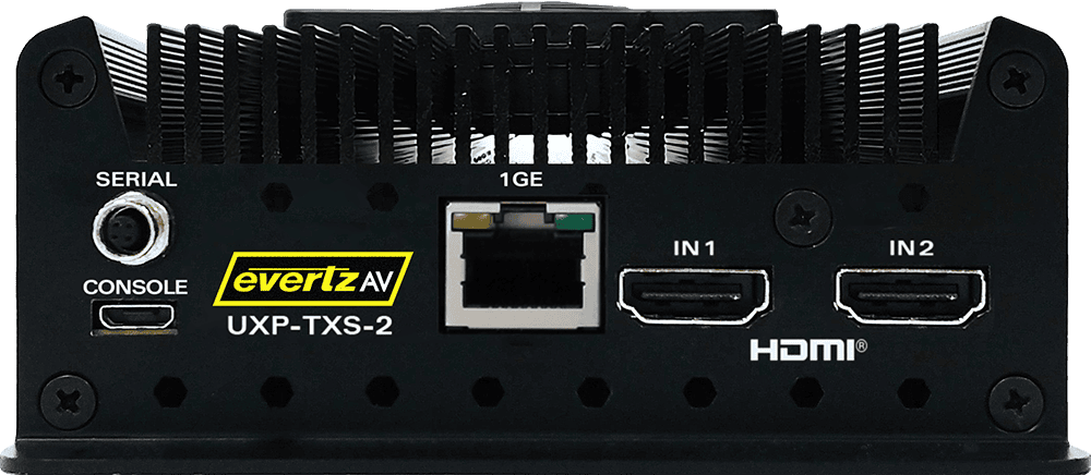 EvertzAV UXP-TXS-2 Standalone Dual-Channel HDMI AV Transmitter for professional dual-source HDMI video, audio, and control signal distribution over IP networks.