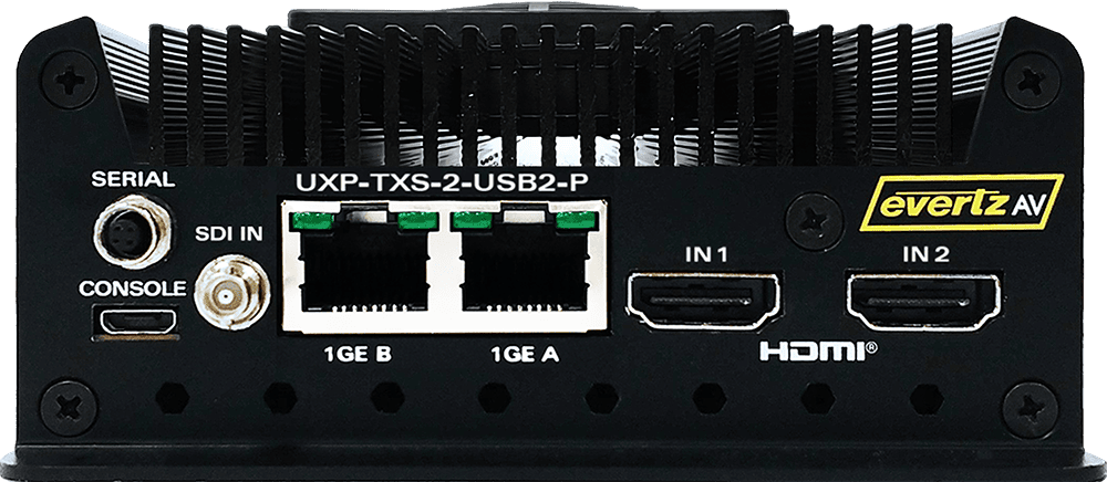 EvertzAV UXP-TXS-2-USB2-P Standalone Dual-Channel HDMI AV Transmitter with USB 2.0 for professional 4K AV-over-IP, USB extension, and HDMI signal distribution.