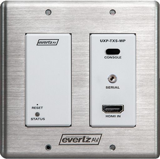 EvertzAV UXP-TXS-WP Single-Channel HDMI AV Transmitter Wall Plate for 4K UHD AV-over-IP transmission with HDMI input and flush wall-mounted installation.