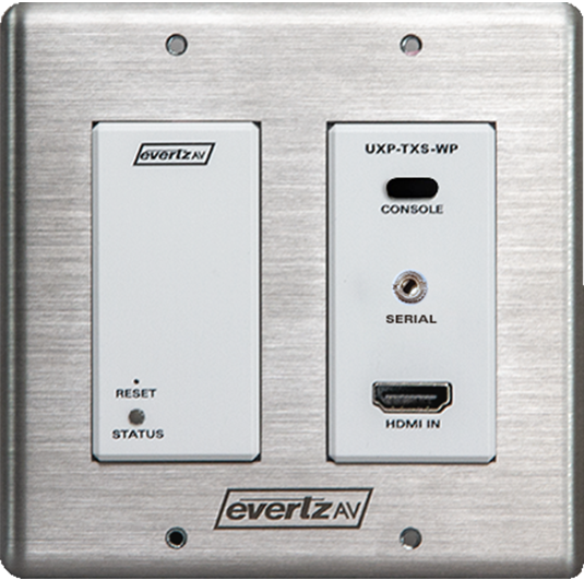 EvertzAV UXP-TXS-WP Single-Channel HDMI AV Transmitter Wall Plate for 4K UHD AV-over-IP transmission with HDMI input and flush wall-mounted installation.