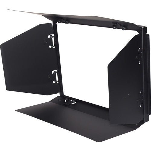 Fluotec 4-leaf barndoor set mounted on StudioLED 650 LED panel for precise light control