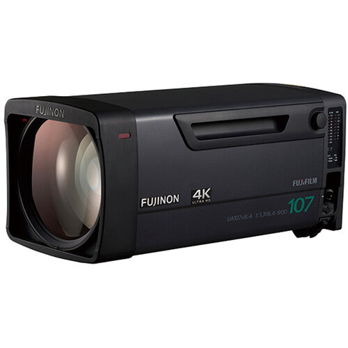 Fujinon 4K Premier 107x broadcast box lens with optical image stabilization and autofocus for UHD sports and live production