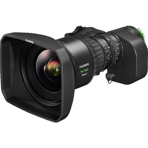 Fujinon Duvo 14-100mm portable cinema zoom lens with ARRI PL mount for large-format film, television, and live production
