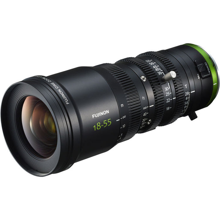 Fujinon MK18-55mm T2.9 cinema zoom lens with Micro Four Thirds mount featuring a constant T2.9 aperture and professional cine controls for MFT cameras.