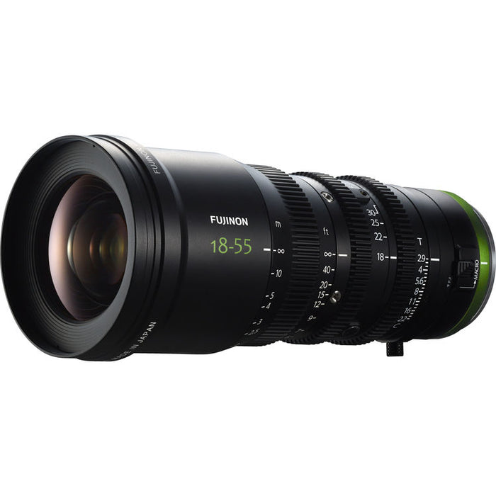 Fujinon MK18-55mm T2.9 cinema zoom lens with Sony E Mount for Super 35 cameras and professional filmmaking.