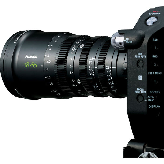 Fujinon MK18-55mm T2.9 cinema zoom lens with Sony E Mount for Super 35 cameras and professional filmmaking.
