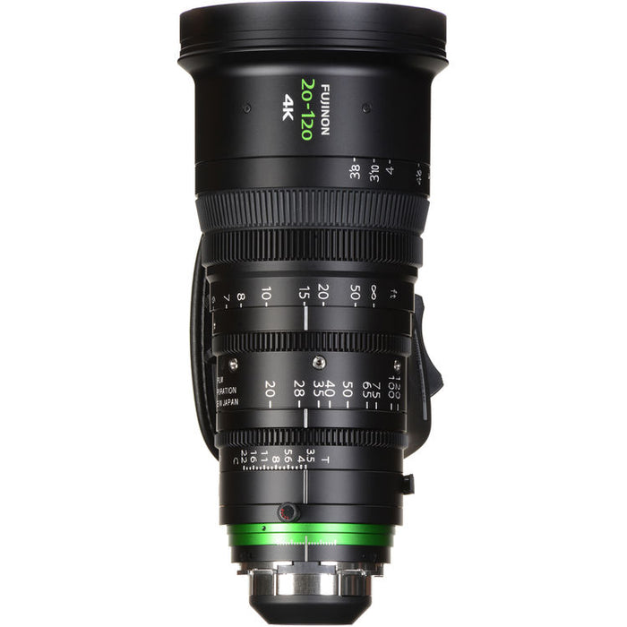 Fujinon XK20-120mm T3.5 Cabrio PL Mount cinema zoom lens with detachable digital servo drive for professional film, television, and live production.