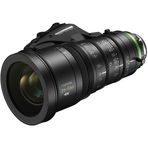 Fujinon XK20-120mm T3.5 Cabrio PL Mount cinema zoom lens with detachable digital servo drive for professional film, television, and live production.