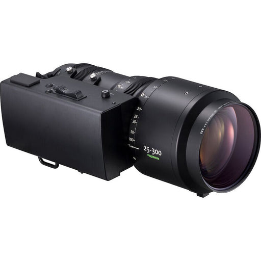 Fujinon ZK12x25-F Cabrio 25-300mm T3.5-3.85 cinema zoom lens with ARRI PL mount and detachable digital servo drive for professional film and broadcast production.