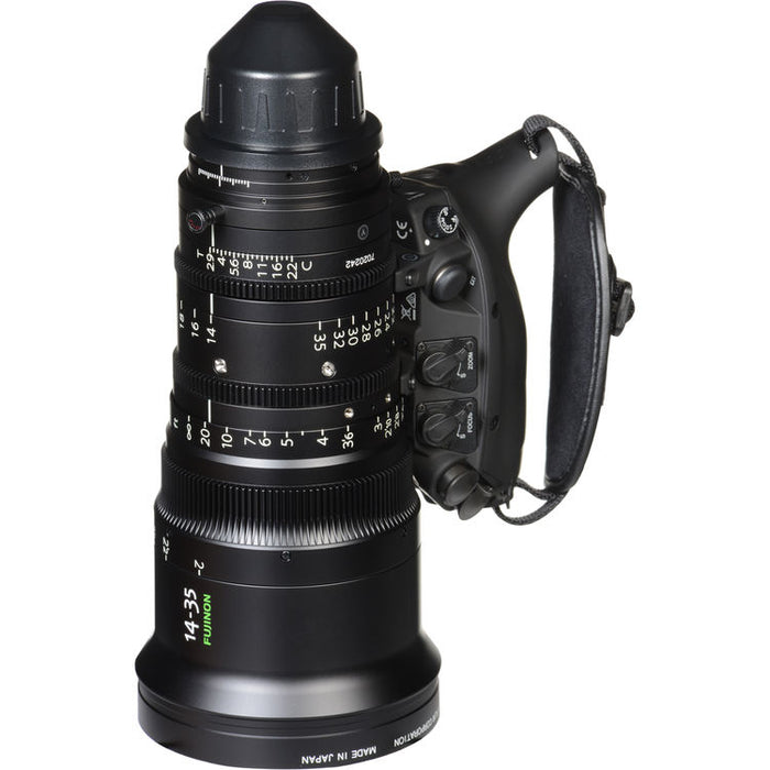 Fujinon ZK14-35mm T2.9 Cabrio PL Mount wide-angle cinema zoom lens with detachable servo drive for professional film and broadcast production.