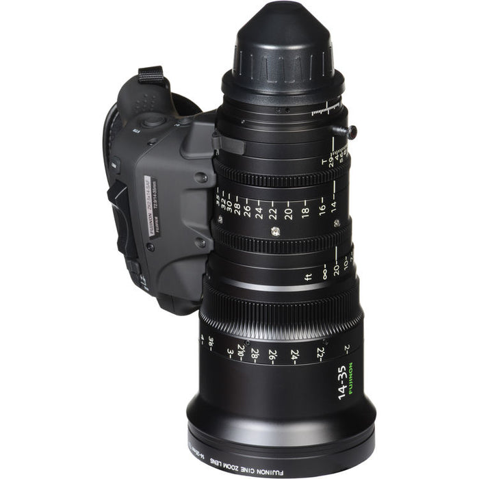 Fujinon ZK14-35mm T2.9 Cabrio PL Mount wide-angle cinema zoom lens with detachable servo drive for professional film and broadcast production.