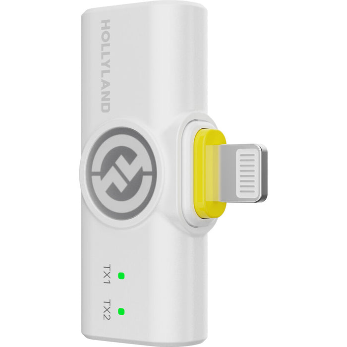 Hollyland LARK M2 DUO 2-person wireless microphone system in ivory white with compact transmitters and receiver