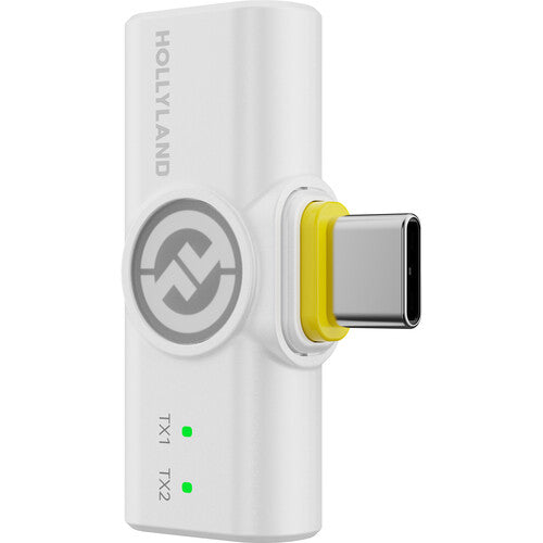 Hollyland LARK M2 DUO 2-person wireless microphone system in ivory white with compact transmitters and receiver