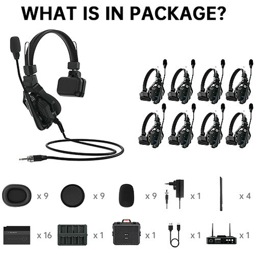 Hollyland Solidcom C1-HUB8S full-duplex wireless DECT intercom system with HUB base and nine headsets