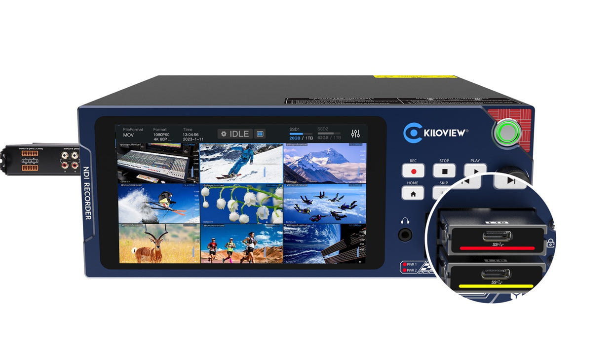 Kiloview Cube R1 9-Channel NDI Recorder System with 4K UHD support and 5.5-inch touchscreen LCD for professional video recording.