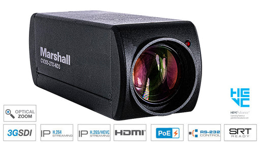 Marshall CV355-27X-ND3 professional box camera with 27x optical zoom, HDMI, 3G-SDI, and NDI|HX3 support