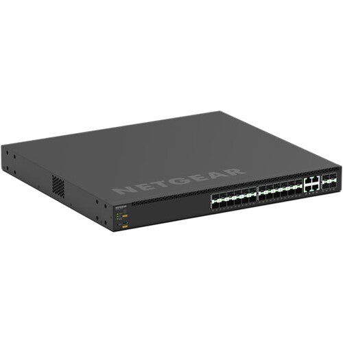 NETGEAR AV Line M4350-24F4X managed network switch featuring twenty-four Gigabit SFP fiber ports and four 10 Gigabit SFP+ uplink ports for professional AV-over-IP, enterprise, and broadcast networking.