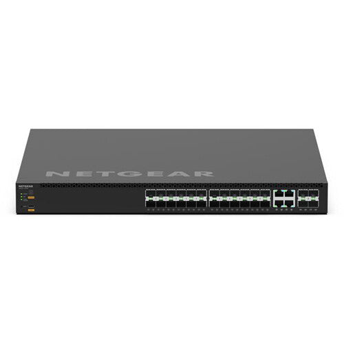 NETGEAR AV Line M4350-24F4X managed network switch featuring twenty-four Gigabit SFP fiber ports and four 10 Gigabit SFP+ uplink ports for professional AV-over-IP, enterprise, and broadcast networking.