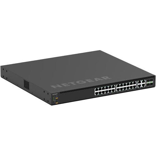 NETGEAR AV Line M4350-24M4X4V managed switch with twenty-four 2.5 Gigabit PoE++ ports, four 10 Gigabit Ethernet ports, four 25 Gigabit SFP28 uplinks, and advanced AV-over-IP networking capabilities.