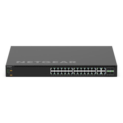 NETGEAR AV Line M4350-24M4X4V managed switch with twenty-four 2.5 Gigabit PoE++ ports, four 10 Gigabit Ethernet ports, four 25 Gigabit SFP28 uplinks, and advanced AV-over-IP networking capabilities.
