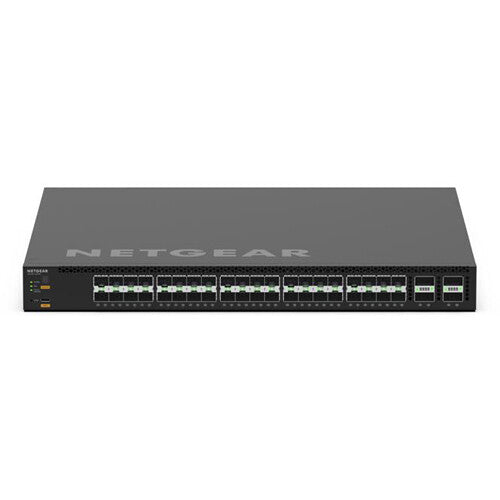 NETGEAR AV Line M4350-40F4C managed network switch featuring forty 10 Gigabit SFP+ ports and four 100 Gigabit QSFP28 uplink ports for professional AV-over-IP, broadcast, enterprise, and data center networking.