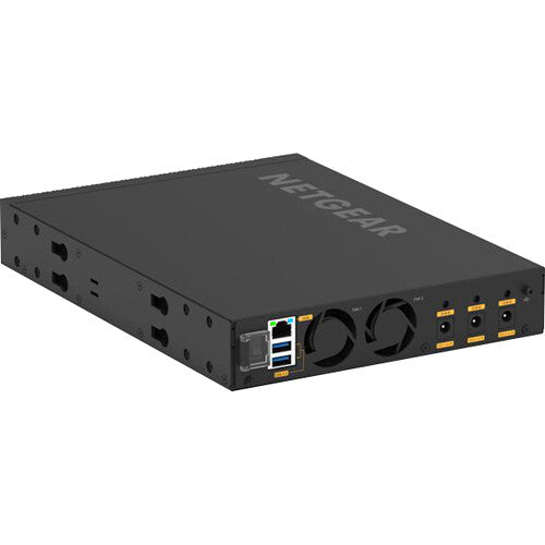 NETGEAR AV Line M4350-8M2V managed network switch with eight 2.5 Gigabit PoE++ ports and two 25 Gigabit SFP28 uplink ports for professional AV-over-IP, enterprise networking, and broadcast applications.