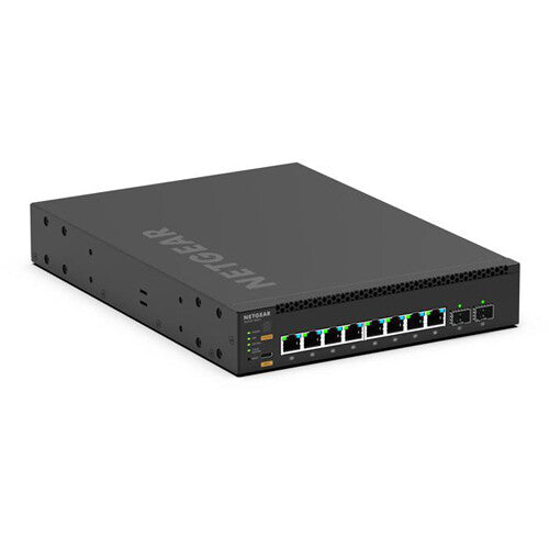 NETGEAR AV Line M4350-8M2V managed network switch with eight 2.5 Gigabit PoE++ ports and two 25 Gigabit SFP28 uplink ports for professional AV-over-IP, enterprise networking, and broadcast applications.
