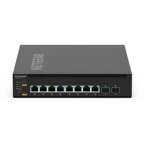 NETGEAR AV Line M4350-8M2V managed network switch with eight 2.5 Gigabit PoE++ ports and two 25 Gigabit SFP28 uplink ports for professional AV-over-IP, enterprise networking, and broadcast applications.