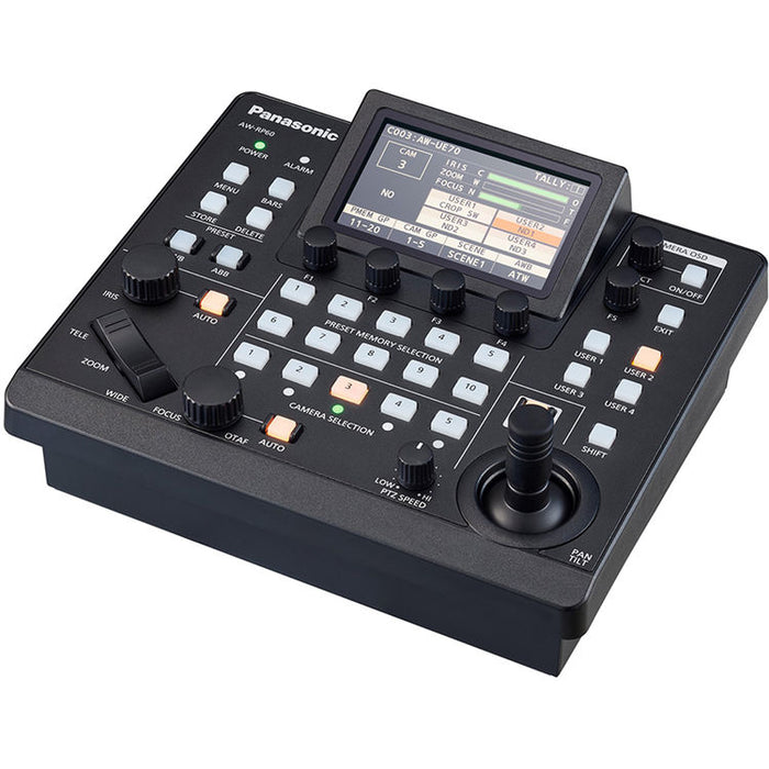Panasonic AW-RP60GJ5 compact PTZ remote camera controller with joystick and 3.5-inch LCD display
