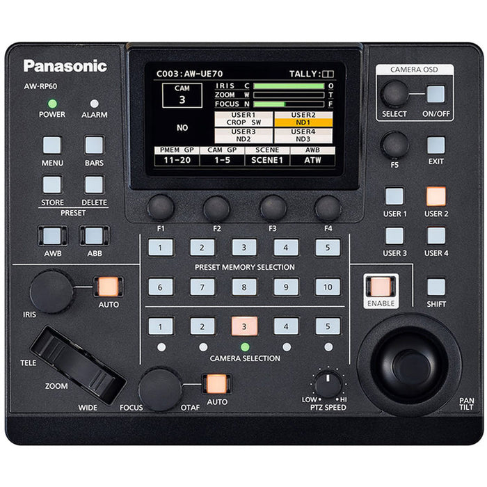 Panasonic AW-RP60GJ5 compact PTZ remote camera controller with joystick and 3.5-inch LCD display