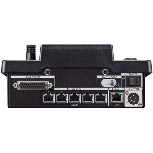 Panasonic AW-RP60GJ5 compact PTZ remote camera controller with joystick and 3.5-inch LCD display