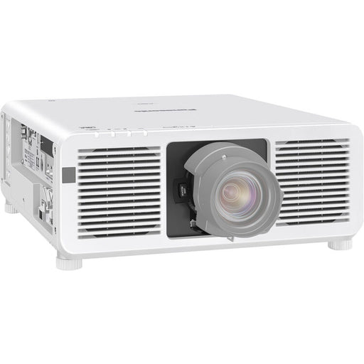 Panasonic PT-REQ12LWU 4K Laser Projector front view with lens and sleek white design