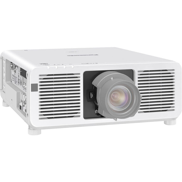 Panasonic PT-REQ12LWU 4K Laser Projector front view with lens and sleek white design
