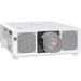 Panasonic PT-REQ12LWU 4K Laser Projector front view with lens and sleek white design