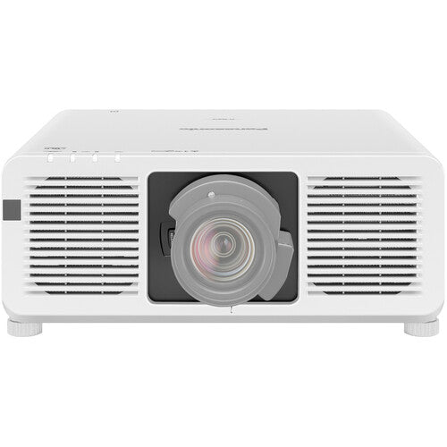 Panasonic PT-REQ12LWU 4K Laser Projector front view with lens and sleek white design