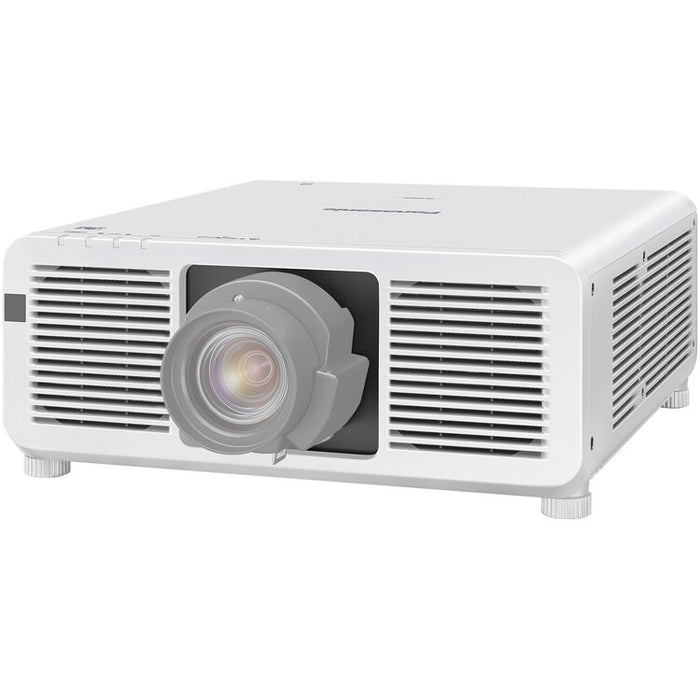 Panasonic PT-REQ12LWU 4K Laser Projector front view with lens and sleek white design