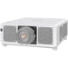 Panasonic PT-REQ12LWU 4K Laser Projector front view with lens and sleek white design