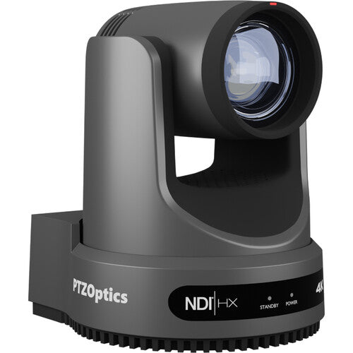 PTZOptics Move 4K PTZ camera with 12x optical zoom in gray featuring SDI, HDMI, USB, and IP outputs