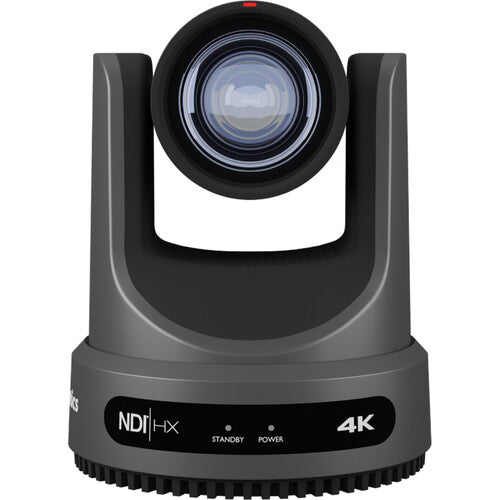 PTZOptics Move 4K PTZ camera with 12x optical zoom in gray featuring SDI, HDMI, USB, and IP outputs
