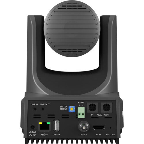 PTZOptics Move 4K PTZ camera with 12x optical zoom in gray featuring SDI, HDMI, USB, and IP outputs