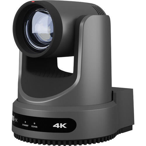 PTZOptics Move 4K PTZ camera with 12x optical zoom in gray featuring SDI, HDMI, USB, and IP outputs