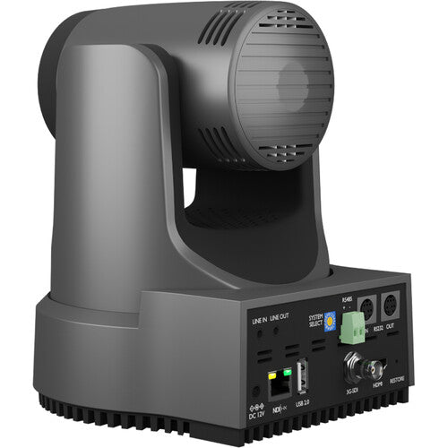PTZOptics Move 4K PTZ camera with 12x optical zoom in gray featuring SDI, HDMI, USB, and IP outputs