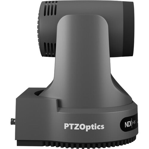 PTZOptics Move 4K PTZ camera with 12x optical zoom in gray featuring SDI, HDMI, USB, and IP outputs