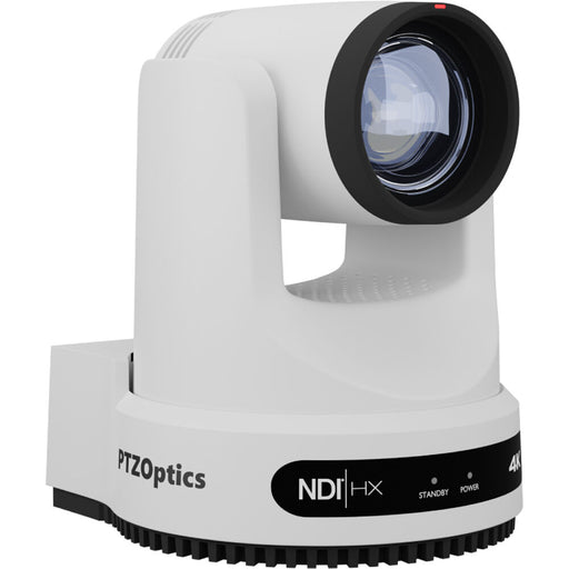 PTZOptics Move 4K PTZ camera with 12x optical zoom in white featuring SDI, HDMI, USB, and IP outputs
