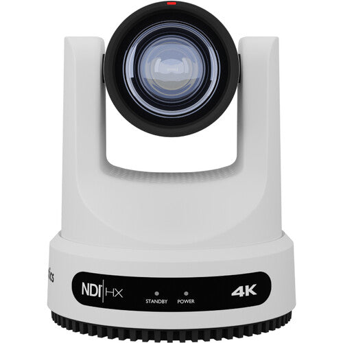 PTZOptics Move 4K PTZ camera with 12x optical zoom in white featuring SDI, HDMI, USB, and IP outputs