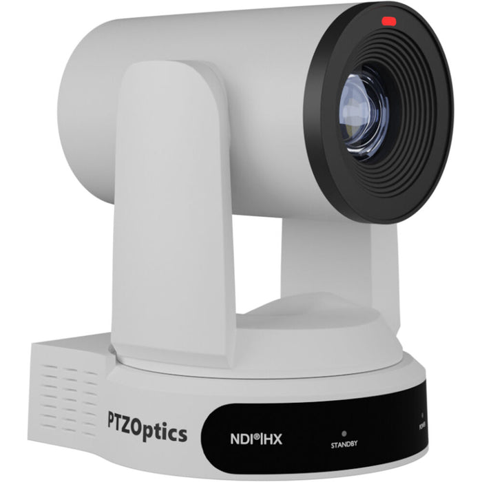 PTZOptics Move 4K PTZ camera in white with 30x optical zoom and SDI, HDMI, USB, and IP connectivity