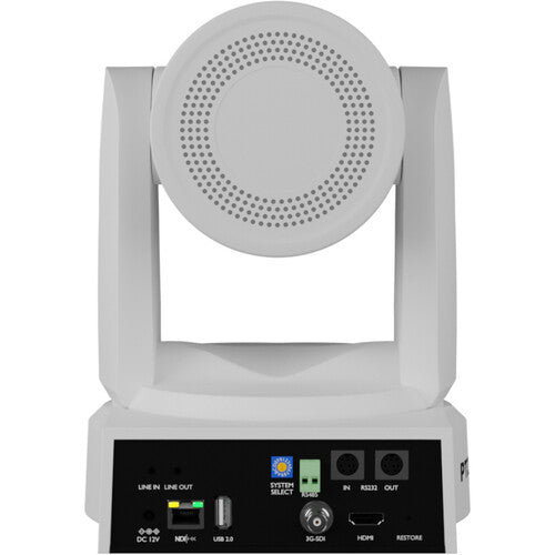 PTZOptics Move 4K PTZ camera in white with 30x optical zoom and SDI, HDMI, USB, and IP connectivity