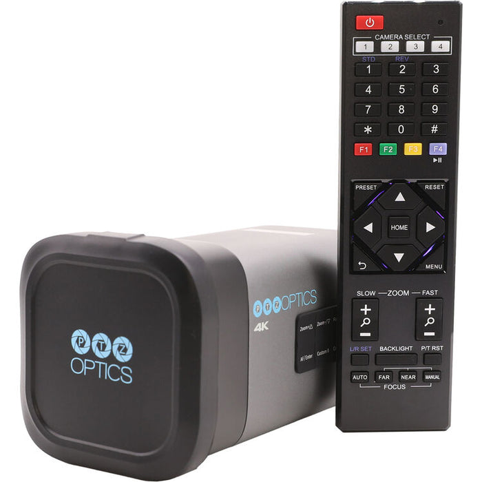 PTZOptics Studio 4K PTZ camera with 12x optical zoom in gray finish mounted for studio video production