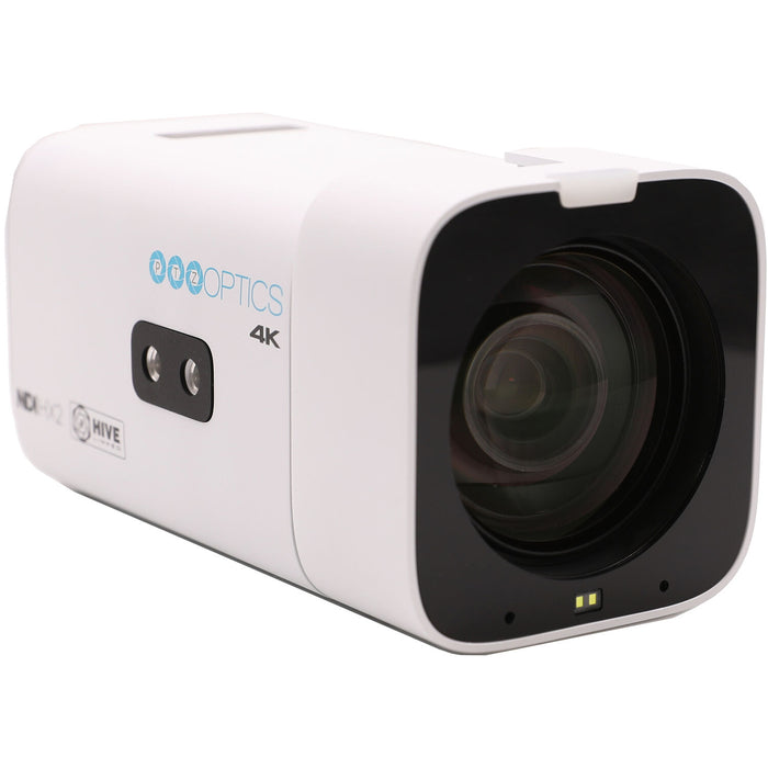 PTZOptics Studio 4K PTZ camera with 12x optical zoom in white finish mounted for studio video production